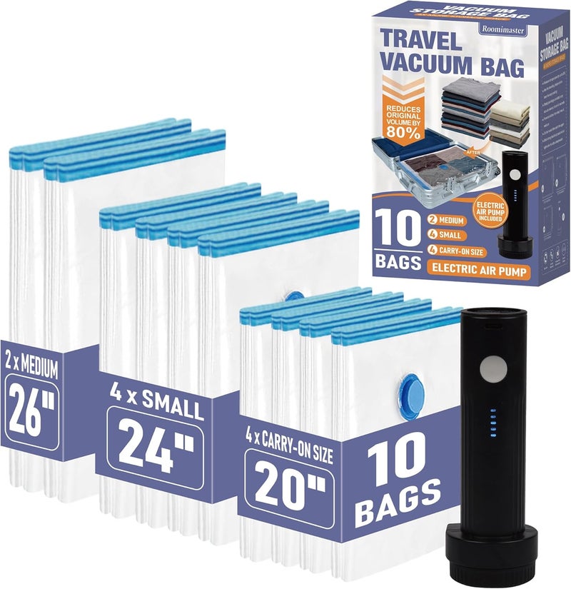 Roomimaster 10 Pack Travel Vacuum Storage Bags with Rechargeable Wireless Electric Pump, Travel Packing Bags for Luggage and Suitcase, Carry-on Size Compression Space Saver for Clothes and Clothing - Image 1